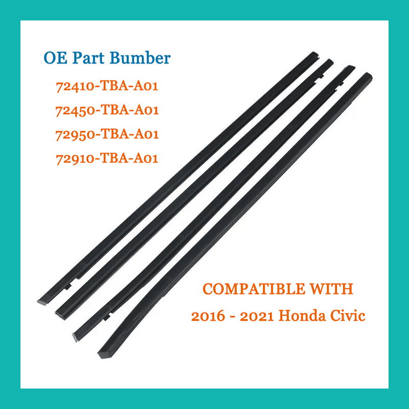 4pc Weatherstrip Window Moulding Trim Seal Belt For 2016-2021 Honda Civic Sedan - Black Rubber
